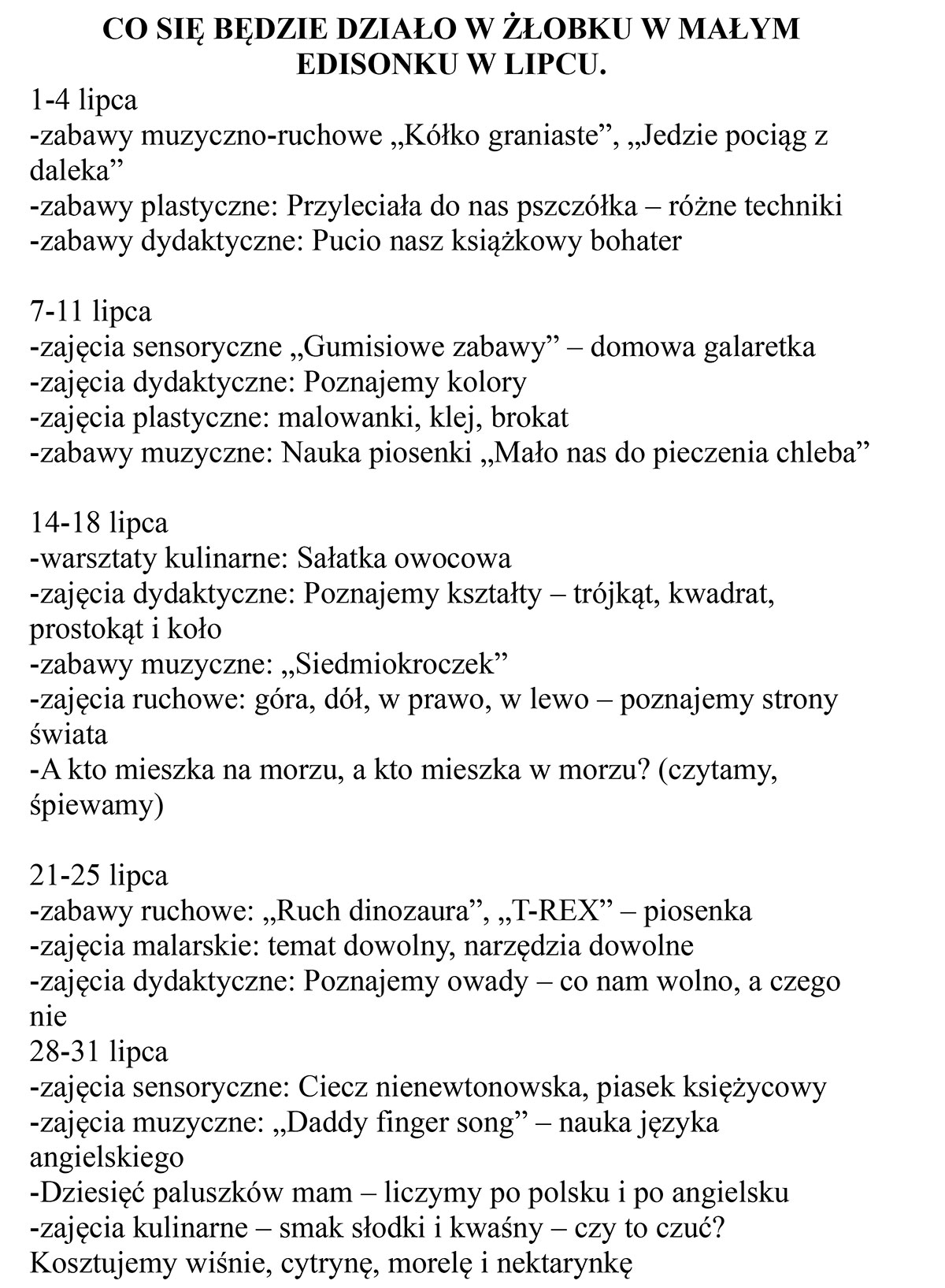 plan zajęć lipiec edisonek